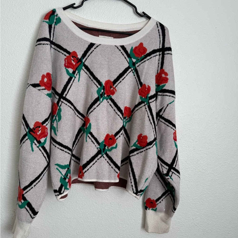 Anthropologie White Sweater with Red Floral Design - Picture 2 of 6